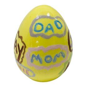 Vintage Hand-Painted Ceramic Yellow Egg With Family Names Colorful Design 1982